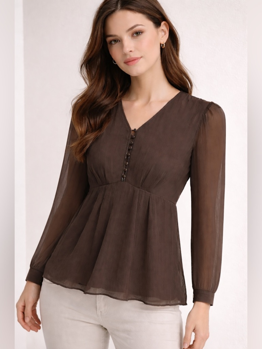 J. Jill Brown Espresso Sheer V-Neck Button Front 100% Silk Blouse Top Size XS